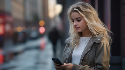Fototapeta premium A girl with a smartphone on hand, cute blonde girl in the middle of the street looking on her phone, bokeh effect, blurred background, young girl with smartphone.