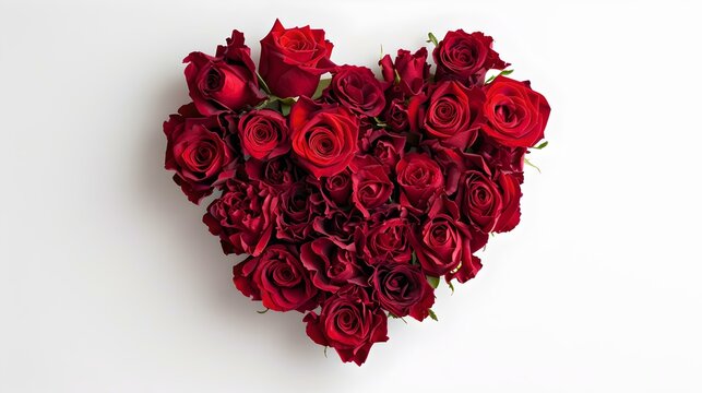 Heart-shaped arrangement of vibrant red roses on a white background, ideal for valentine's day. simple, elegant, and romantic. AI