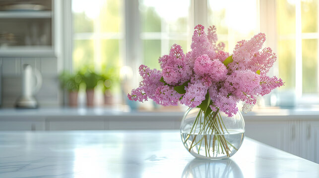 bouqet of lilac on the white kitchen windows background. spring time 