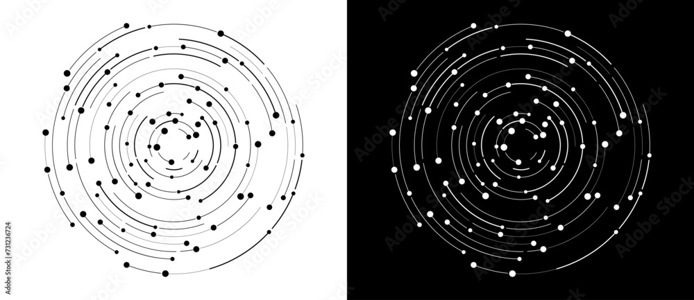 Poster Abstract background with lines and dots in circle. Art lines design as logo or icon. Black lines on a white background and white lines on the black side.