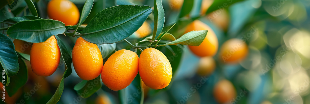 Poster Ripe Fortunella margarita Kumquats cumquats foliage and oval fruits on kumquat tree. Many ripe kumquat fruits, banner