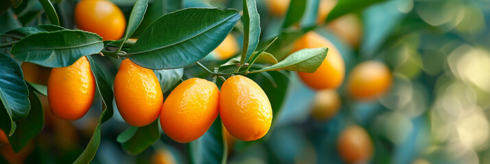 Ripe Fortunella margarita Kumquats cumquats foliage and oval fruits on kumquat tree. Many ripe kumquat fruits, banner - obrazy, fototapety, plakaty