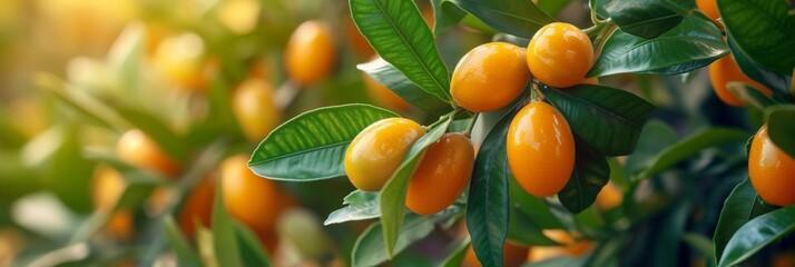 Fortunella margarita Kumquats cumquats foliage and oval fruits in sunny garden