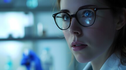 Focused female professional working late in a tech lab. close-up of woman in glasses, scientific atmosphere, conceptual use in technology and research. AI