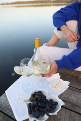 Obraz na płótnie Canvas picnic by the lake with white wine, grapes, cheese. aesthetic picnic for girls. a woman takes a glass of white wine with her hand. Picnic at the wooden pier by the lake 