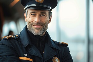 A stern naval officer in a crisp uniform, with a peaked cap and official rank, exudes authority and security while standing outdoors - obrazy, fototapety, plakaty