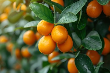 Fortunella margarita foliage and oval fruits on tree. 
