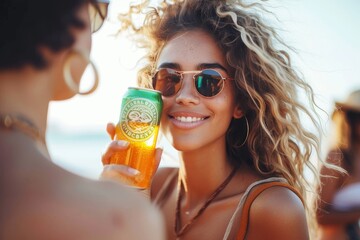 A carefree woman enjoying a refreshing summer day with a cold beer in hand, sporting stylish sunglasses and a big smile