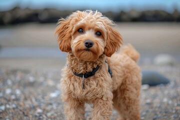 A furry poodle crossbreed stands proudly on the rocky beach, a loyal and loving companion dog for its owner to play with in the great outdoors