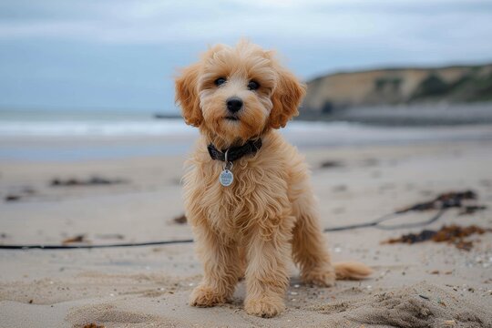 A playful poodle crossbreed puppy enjoys the warm sand and salty air as it runs freely on the beach with its loving companion, a labradoodle