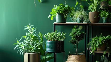 Stylish Green Living - Indoor planters featuring metal stands with a variety of small plants, enhancing the room with botanical charm