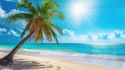 Beautiful beach with palm tree against the backdrop of the azure blue ocean on a bright sunny day, vacation and travel concept