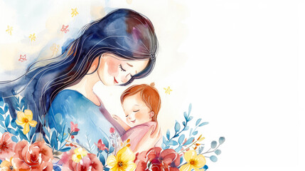 Obraz na płótnie Canvas Happy mother with her baby, watercolour illustration, bright floral background. Mother's day concept. Banner with space for text