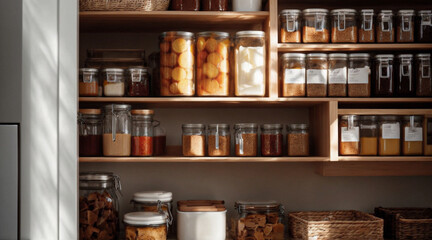 Organized food pantry closet in cozy cottage style home