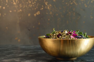 Golden potpourri dome with dried flowers and plants in an elegant decor. Coupole dorée de pot-pourri avec des fleurs et plantes séchées dans un décor élégant.