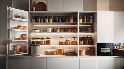 home storage area organize management home interior design pantry and storage shelf for storing food and things in kitchen home design concept
