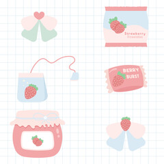 Cute kawaii strawberry themed dessert clipart sticker vector