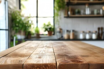 Wooden table in a blurred kitchen A concept of home comfort and modern interior design A versatile and inviting backdrop