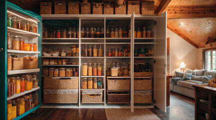 home storage area organize management home interior design pantry and storage shelf for storing food and things in kitchen home design concept
