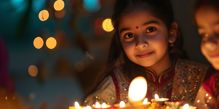 Young girl celebrating a festive occasion with sparkling lights. cultural event, warmth and happiness. traditional attire, close-up portrait. AI