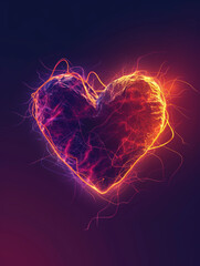 A heart illuminated with glowing fiery veins, floating in darkness.