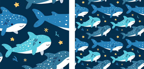 Whale Shark Cute Marine Underwater Seamless Pattern Vector Illustration Kids Nursery Background - 731240393