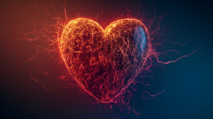 A heart enveloped in a fiery red mesh, glowing intensely.