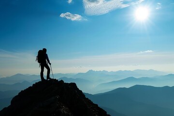 Adventurous hiker at the mountain summit Silhouette against a breathtaking panorama Embodying the triumph of reaching new heights