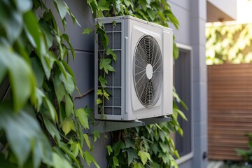 Air source heat pump installed in a residential building Showcasing eco-friendly and energy-efficient technology for modern and sustainable living