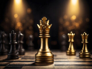 Close up the golden queen chess piece standing alone on a chessboard on a dark background. Leader, influencer, lonely, commander, strong, and business strategy concept design. Game business design
