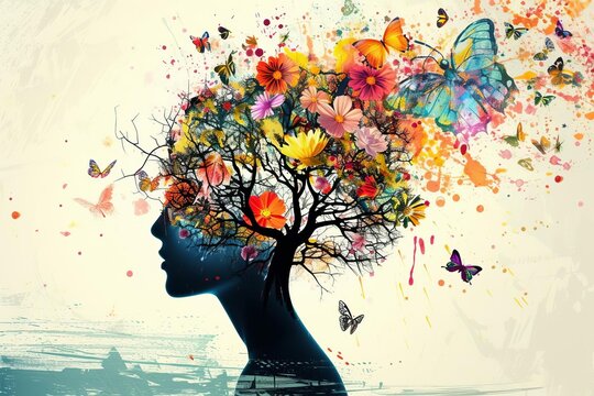 Artistic representation of the human mind A flourishing tree of creativity Positive thinking And mental wellness Adorned with flowers and butterflies