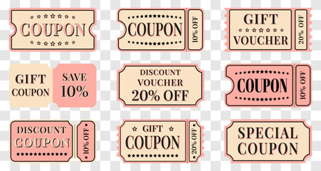 Set of vintage retro coupons for discounts. Gift coupon. Voucher for a discount. Vector.