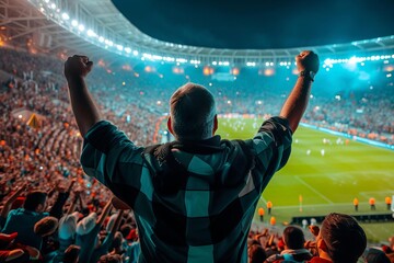 Back view of football or soccer fans cheering their team in a crowded stadium at night Capturing...