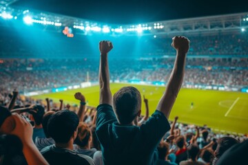 Back view of football or soccer fans cheering their team in a crowded stadium at night Capturing the passion Excitement And community spirit of sports enthusiasts - obrazy, fototapety, plakaty