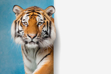 A tiger holds big blank white mockup banner, blue background, copy space.