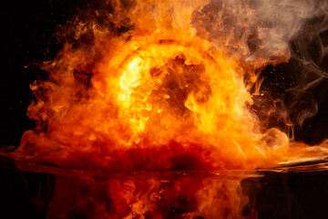 Ink water round explosion effect. Orange fire flames. Abstract art,dark background. ideal for wallpaper or overlay.