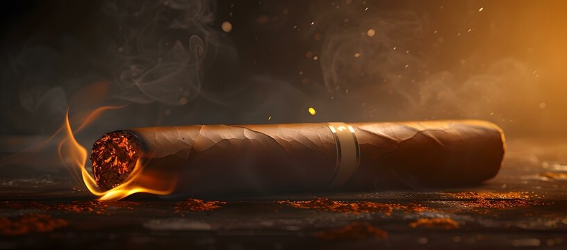 Smokey cigar on a mystical glowing backdrop. ember and aroma in the air. luxury and relaxation depicted in warm tones. ideal for classy themes. AI