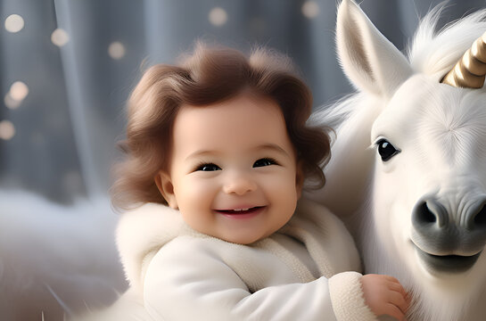 portrait of cute Unicorn baby posing together with human baby against miracle grey  background. close up. Ai generated