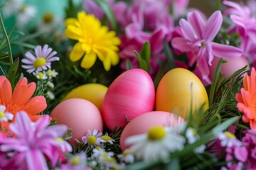 Obraz na płótnie Canvas Colorful easter eggs nestled among spring flowers Creating a vibrant and festive scene celebrating the easter holiday and the renewal of spring