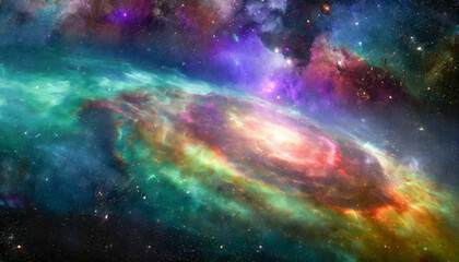 Nebula night star sky in rainbow colors. Multicolor outer space.