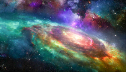 Nebula night star sky in rainbow colors. Multicolor outer space.