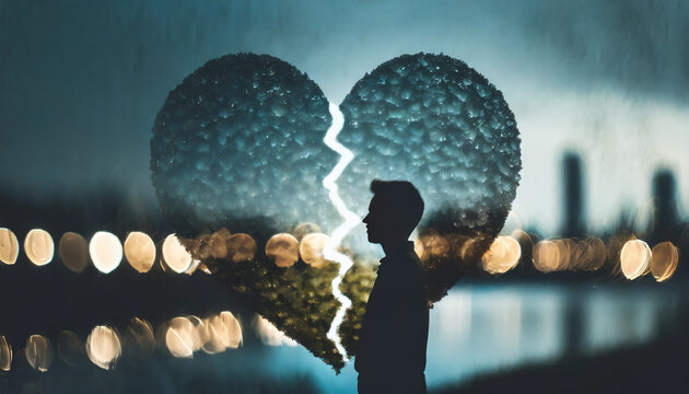 Broken heart silhouette,depression concept, abstract image with double exposure blur of a sad man.