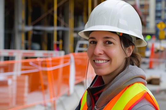 Confident Woman Working On A Construction Site Wearing A Hard Hat And Work Vest Her Smirk Conveying Assurance And Competence In A Traditionally Male-dominated Field