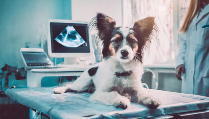 Dog pregnancy test.Dog having ultrasound scan in vet office.Litt