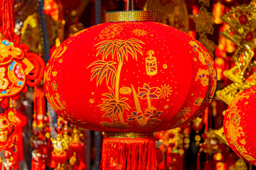 Naklejka premium The fair before the Lunar New Year. The Eastern New Year according to the lunar calendar. Sale of attributes and jewelry in Nha Trang in Vietnam.