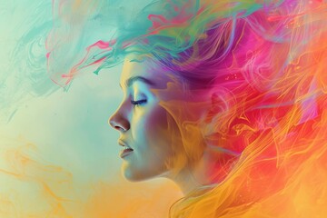 Fantasy abstract portrait of a woman blending with a colorful digital paint splash Creating an ethereal and artistic representation of beauty and creativity