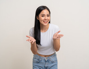 Wow Happy beautiful young asian woman excited pretty girl shout out loud wow with hands on mouth announcement standing pose on isolated white background. Attractive female