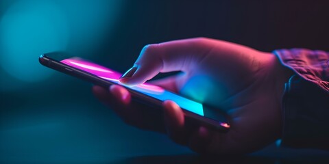 Close-up of a hand holding a smartphone in dim light, showcasing modern communication. technology daily use represented in a simple yet captivating image. AI