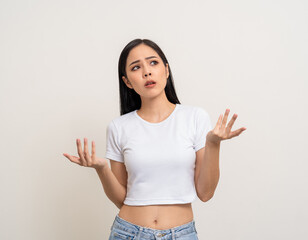 Angry asian woman emotional. Asian woman annoyed mad bad furious gesture. Unhappy expressions people upset confused emotional. Stressed female. Young lady standing feeling depressed dramatic scene