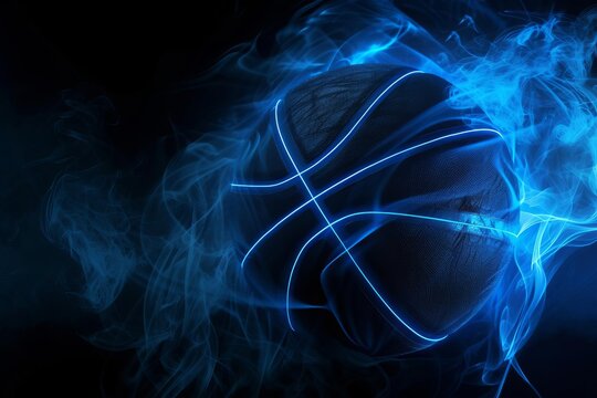 Futuristic black basketball with bright blue glowing neon lines on a dark background Surrounded by smoke Creating a dynamic and modern sports-themed image